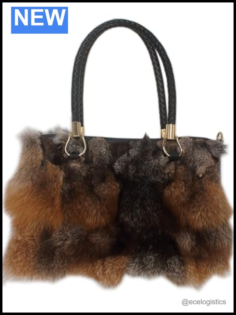 Luxury Real Fox Fur Handbag Women Furry Shoulder Bag Trapezoid Leather Handle